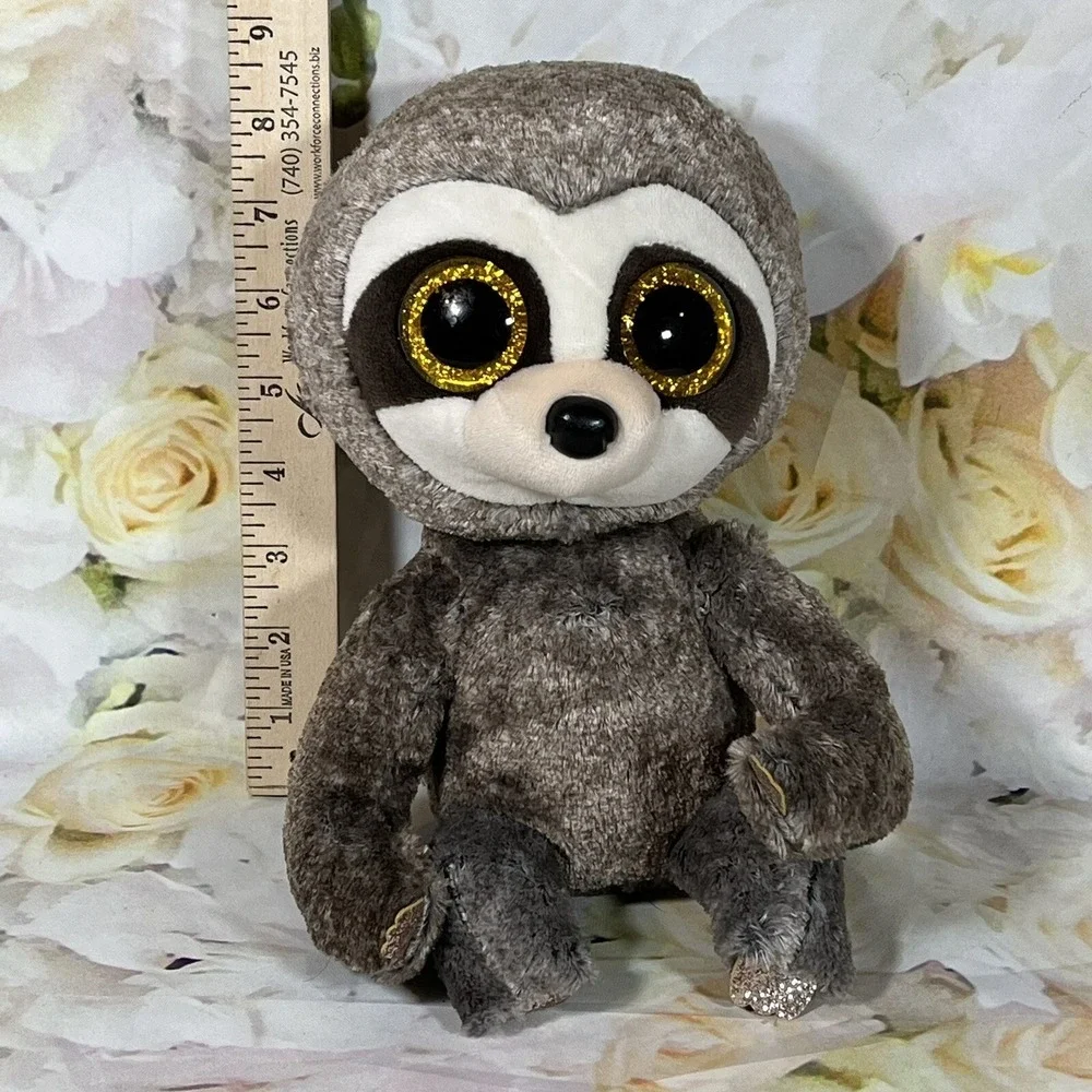 Ty Beanie Boo Dangler Sloth Plush Brown Gold Glitter Eyes Paws Soft TySilk 9in